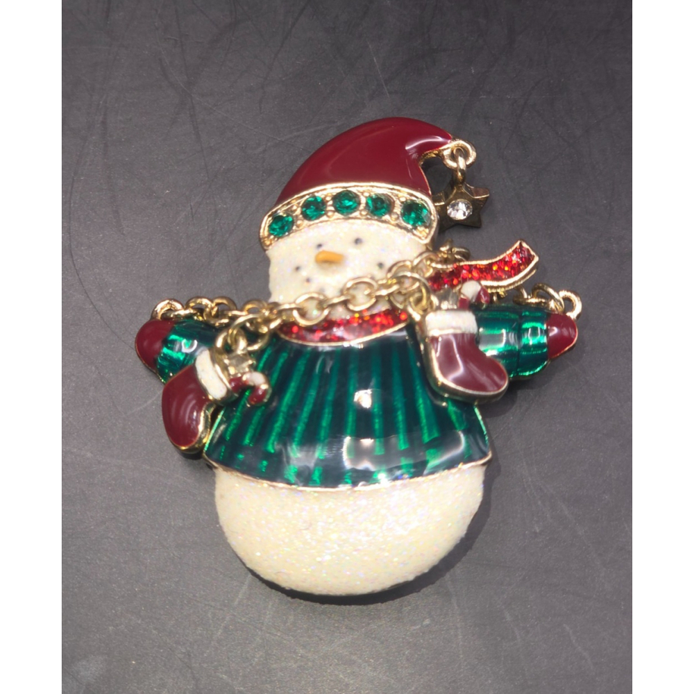 Vintage Goldtone Enamel Snowman Pin Brooch with Chain of Stockings